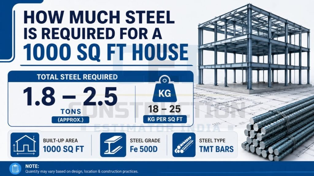 Infographic explaining total steel quantity required for a 1000 sq ft house using TMT bars and standard construction practices.