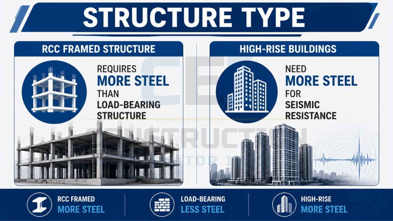 Infographic showing how steel consumption varies between RCC framed structures, load-bearing structures, and high-rise buildings.