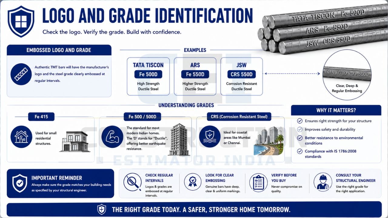 Guide showing how to identify manufacturer logos and steel grades embossed on TMT bars, including Fe 415, Fe 500D, Fe 550D, and CRS grades.