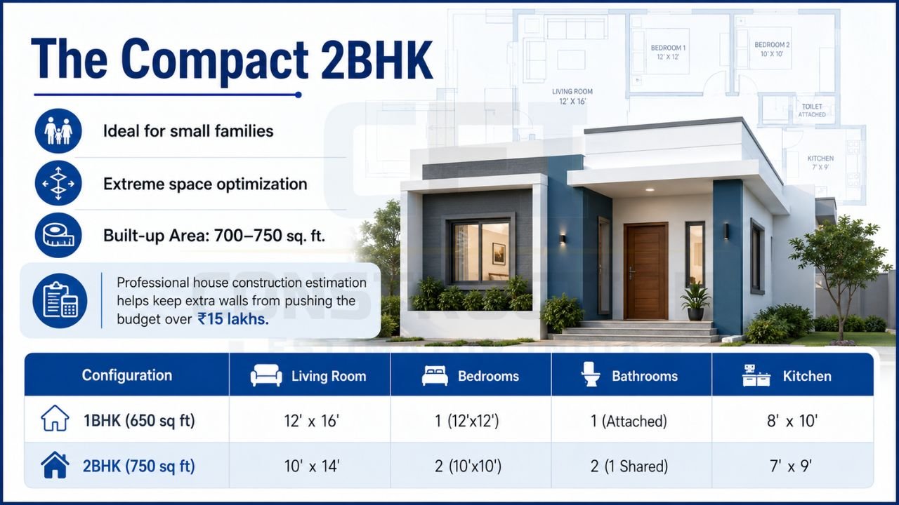 Compact 2BHK house plan infographic featuring a 750 sq. ft. modern home with two bedrooms, living room, kitchen, bathrooms, space optimization, and budget-friendly design under ₹15 lakhs.