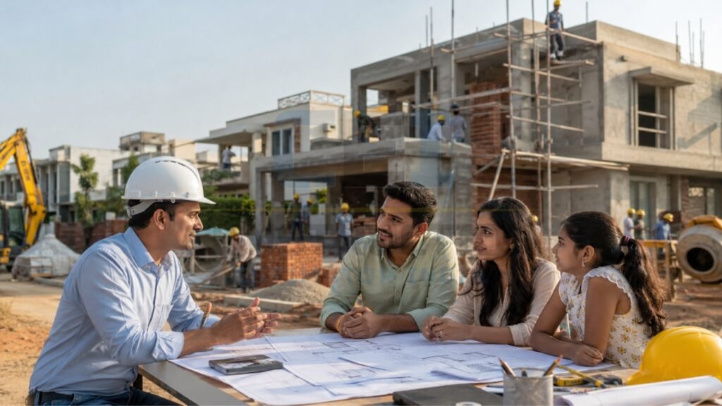 Construction engineer discussing house plans with a family at an active residential building site