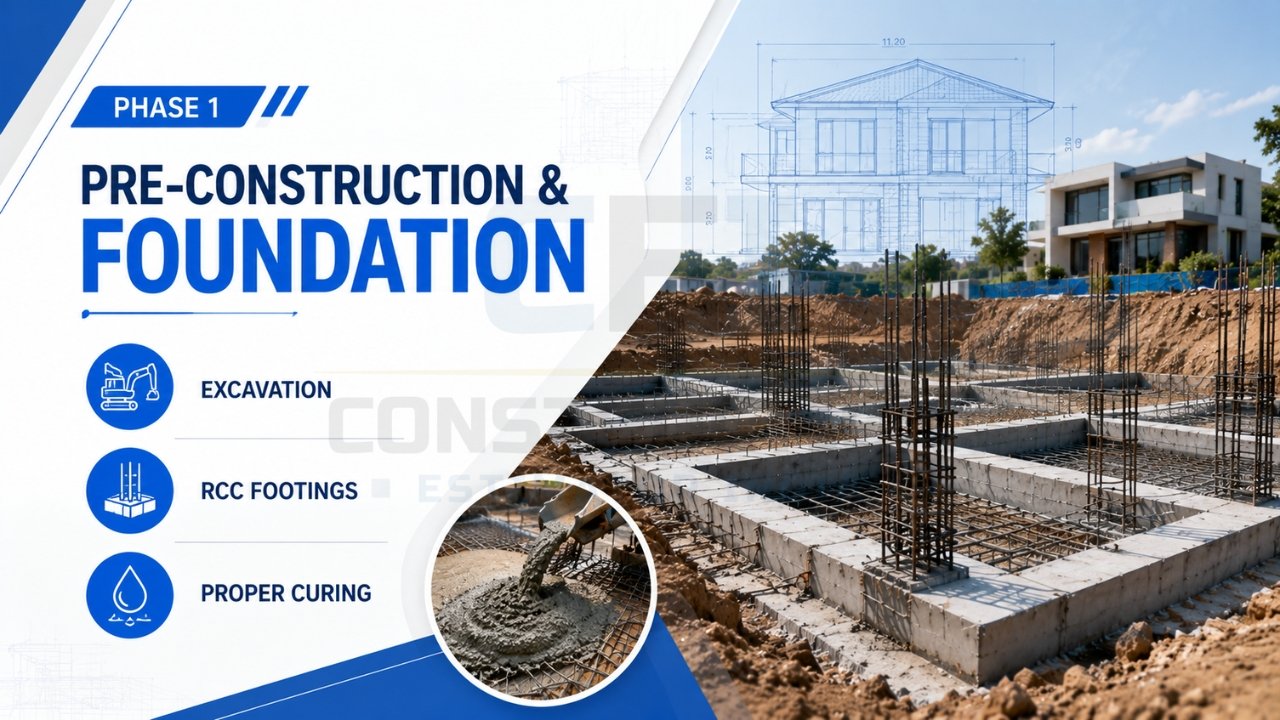 Pre-construction and foundation work including excavation, RCC footings, and proper curing for residential buildings