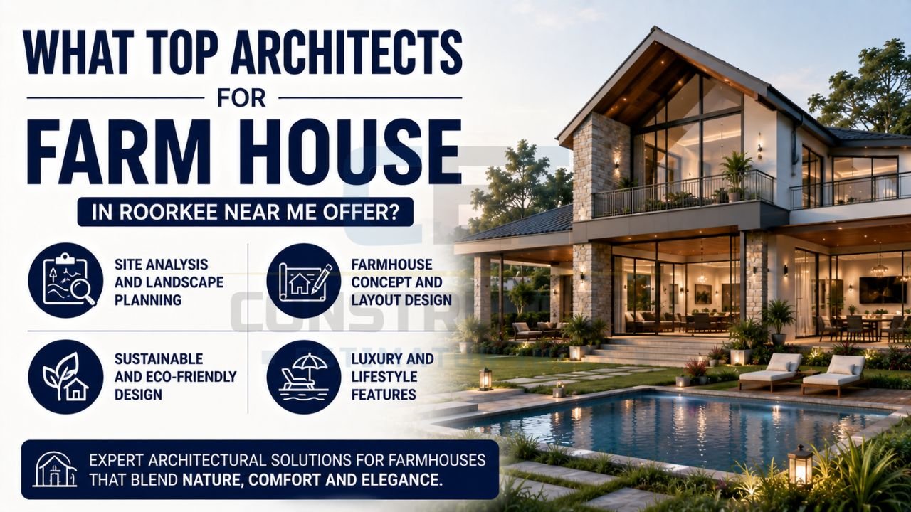 Luxury farmhouse showcasing architectural services including site analysis, layout planning, eco-friendly design, and lifestyle features.