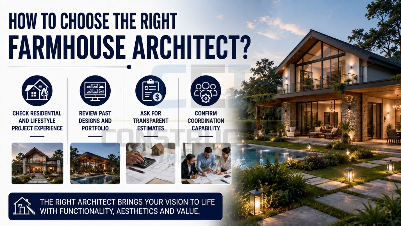 Luxury farmhouse with checklist showing experience, portfolio review, cost estimates, and project coordination for selecting an architect.