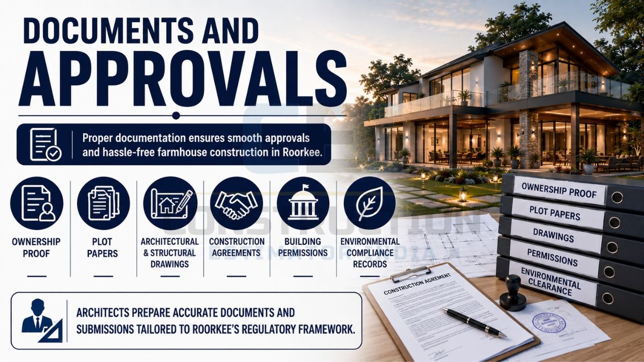 Modern farmhouse with construction documents, ownership records, permissions, and approval files required for building approval.