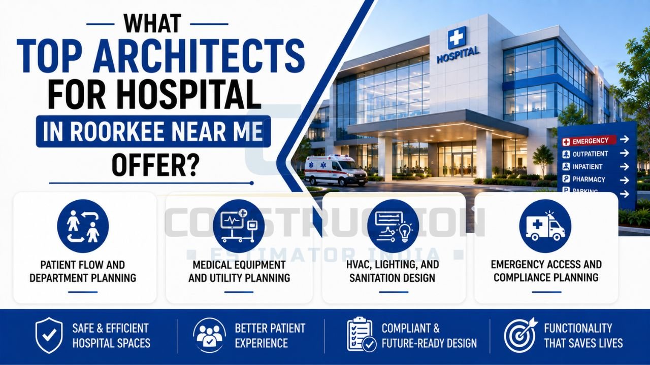 Hospital architectural services including patient flow planning, medical equipment integration, HVAC design, sanitation systems, emergency access planning, and healthcare compliance.