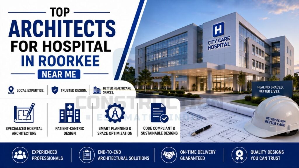 Modern hospital building designed by experienced healthcare architects in Roorkee featuring patient-centric design, specialized hospital planning, and sustainable healthcare architecture.
