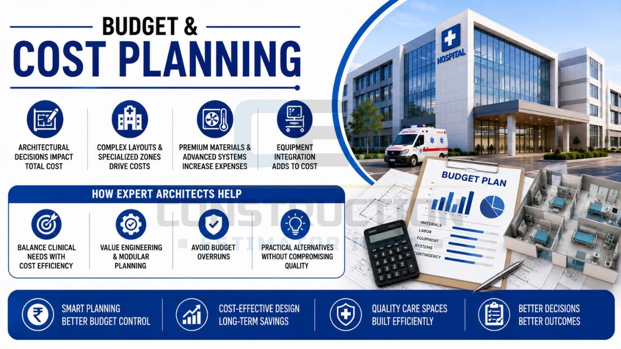 Hospital construction budget planning infographic showing cost estimation, healthcare facility design, equipment integration, and value engineering strategies.