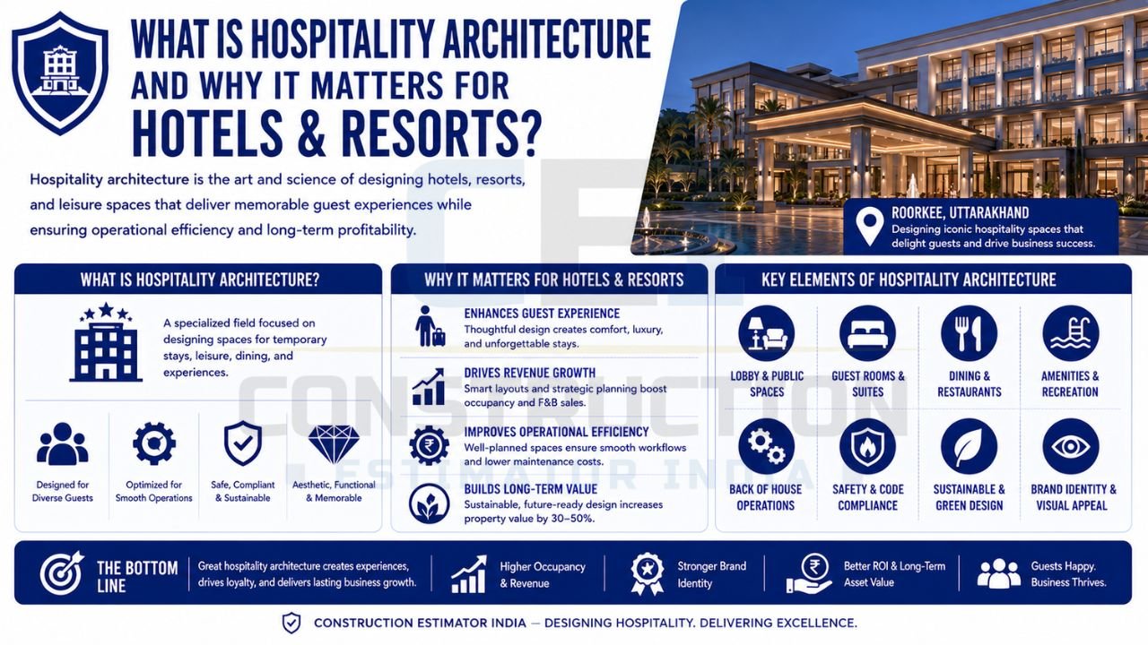 Educational infographic explaining hospitality architecture, guest experience design, operational efficiency, hotel planning, and hospitality business growth.