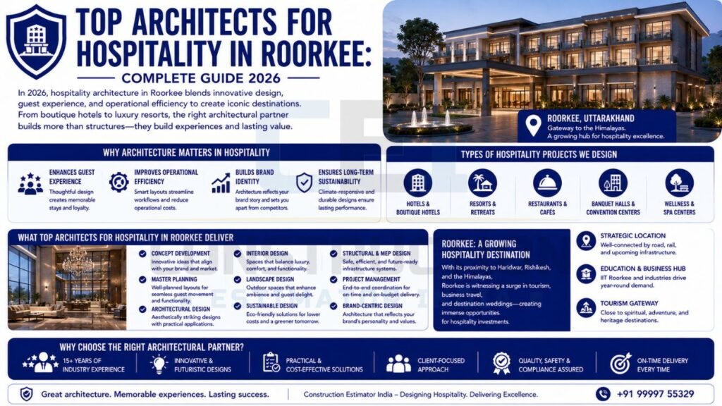 Infographic showcasing top hospitality architects in Roorkee, including hotel design, resort planning, restaurant architecture, hospitality project management, and architectural consulting services.