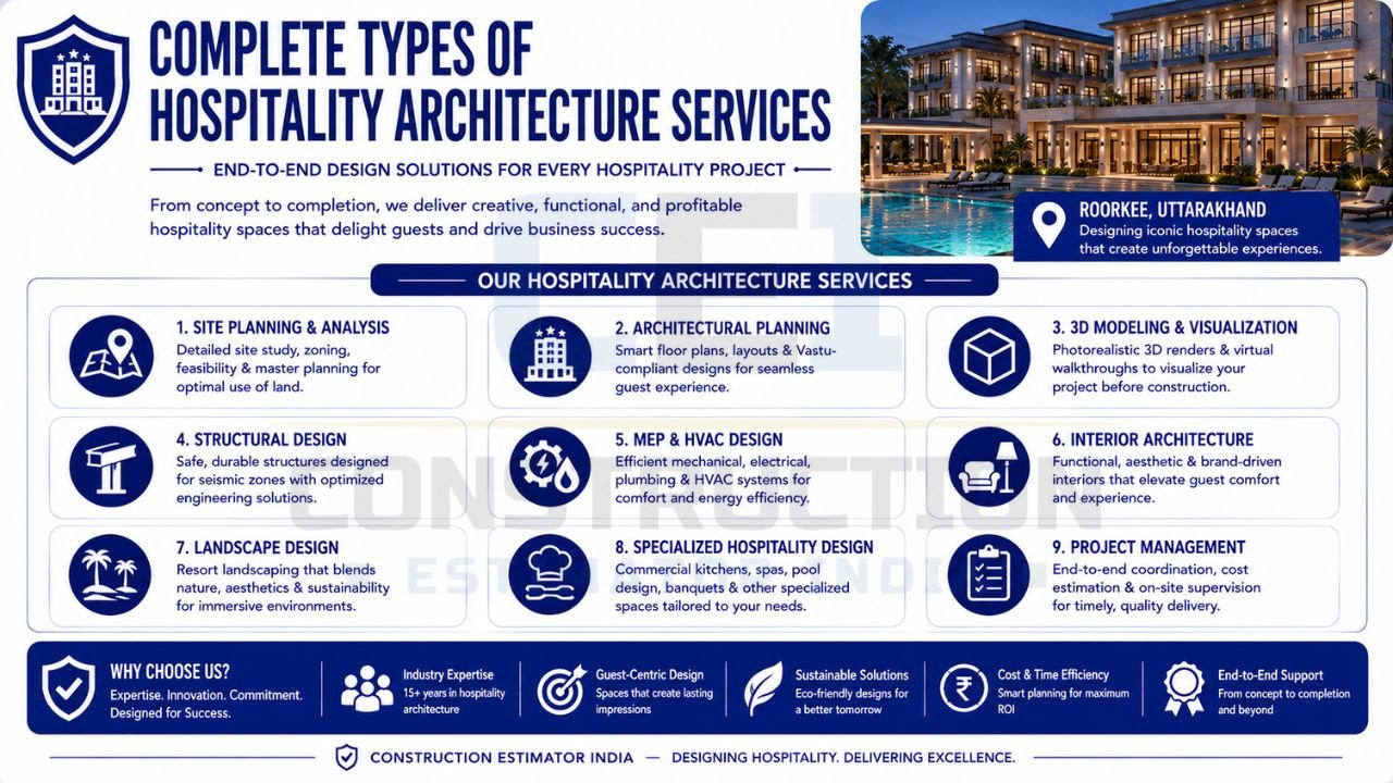 Infographic listing hospitality architecture services such as site planning, architectural design, 3D visualization, structural engineering, HVAC design, interiors, landscaping, and project management.