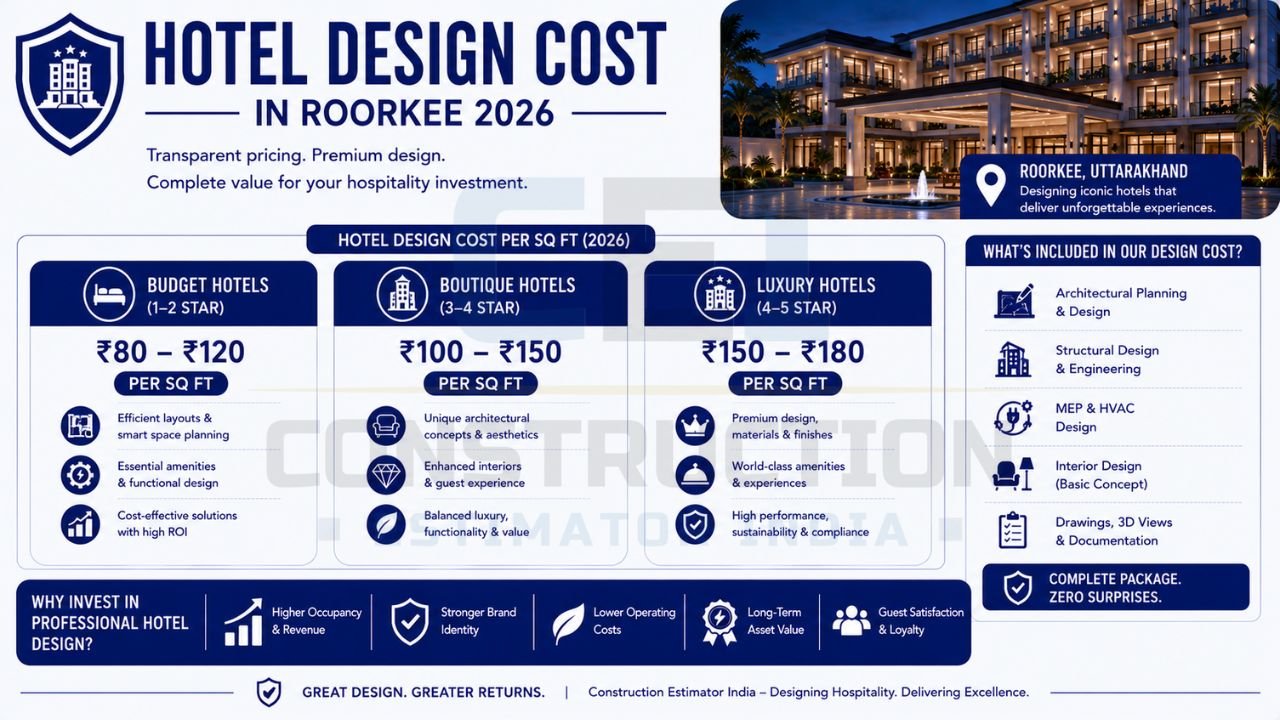 Infographic showing hotel design costs in Roorkee for budget, boutique, and luxury hotels, including architectural planning, MEP design, and interior concepts.