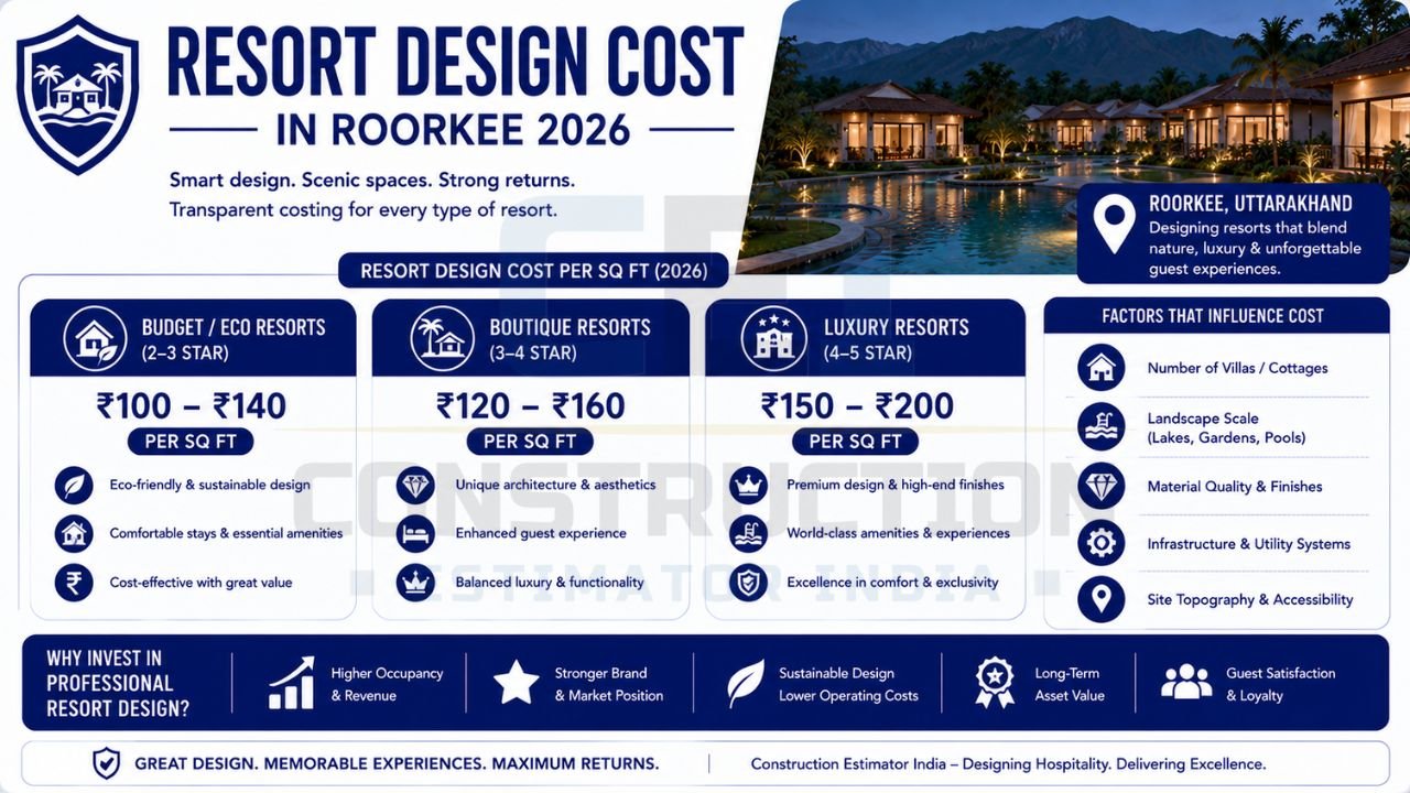 Infographic detailing resort design costs in Roorkee for eco resorts, boutique resorts, and luxury resorts with key factors affecting project budgets.