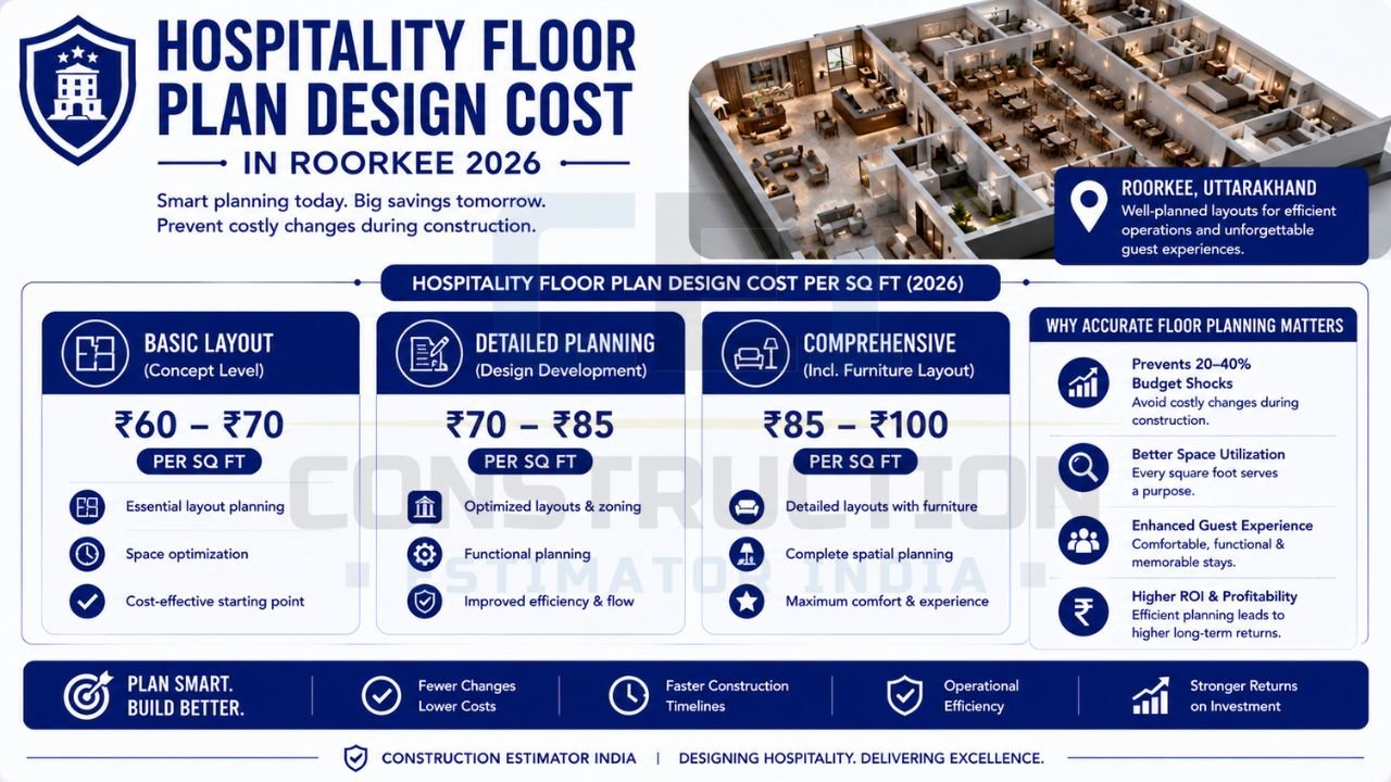 Infographic showing hospitality floor plan design costs in Roorkee, including concept layouts, detailed planning, furniture layouts, and operational efficiency benefits.
