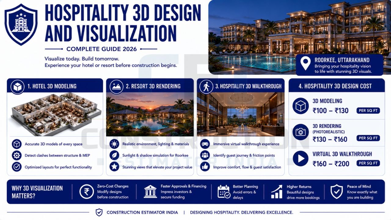 Infographic explaining hospitality 3D design and visualization services, including hotel 3D modeling, resort rendering, virtual walkthroughs, and hospitality design costs.