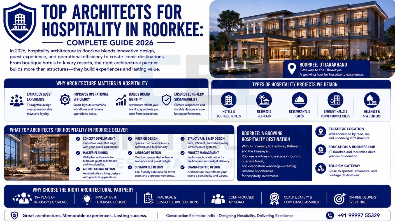 Infographic showcasing top hospitality architects in Roorkee, including hotel design, resort planning, restaurant architecture, hospitality project management, and architectural consulting services.