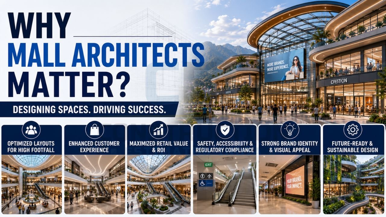 Benefits of hiring professional mall architects including optimized layouts, customer experience, ROI improvement, compliance, branding, and sustainable design.