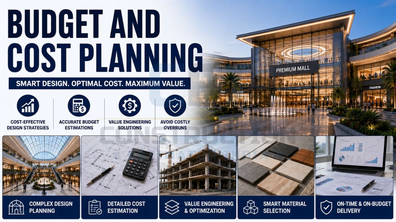 Mall construction budget planning infographic showing cost estimation, value engineering, material selection, and project cost optimization strategies.