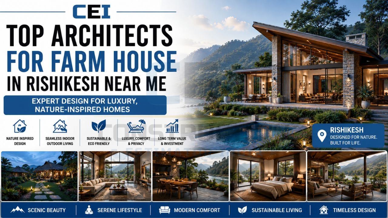 Luxury farmhouse designed by architects in Rishikesh featuring nature-inspired architecture, modern amenities, sustainable living, and scenic mountain views.