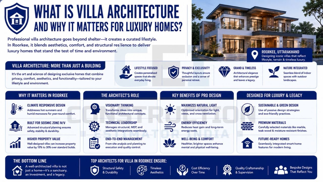 Educational infographic explaining villa architecture, its benefits, architectural planning process, and the role of architects in designing luxury homes.