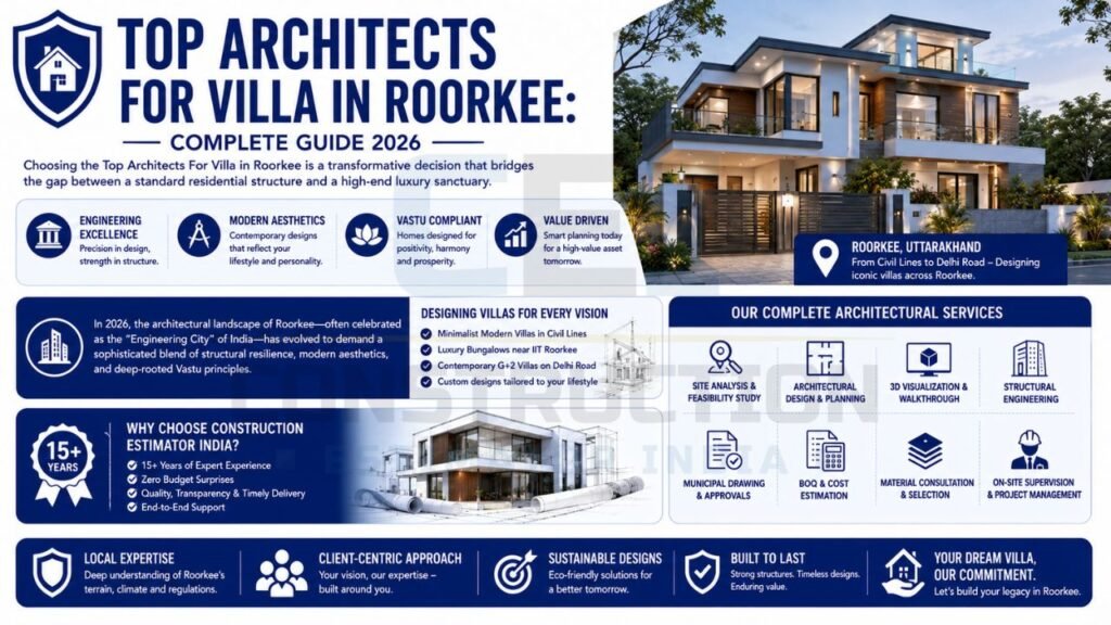 Infographic showcasing top villa architecture services in Roorkee, including planning, 3D visualization, structural engineering, BOQ estimation, approvals, and project management.