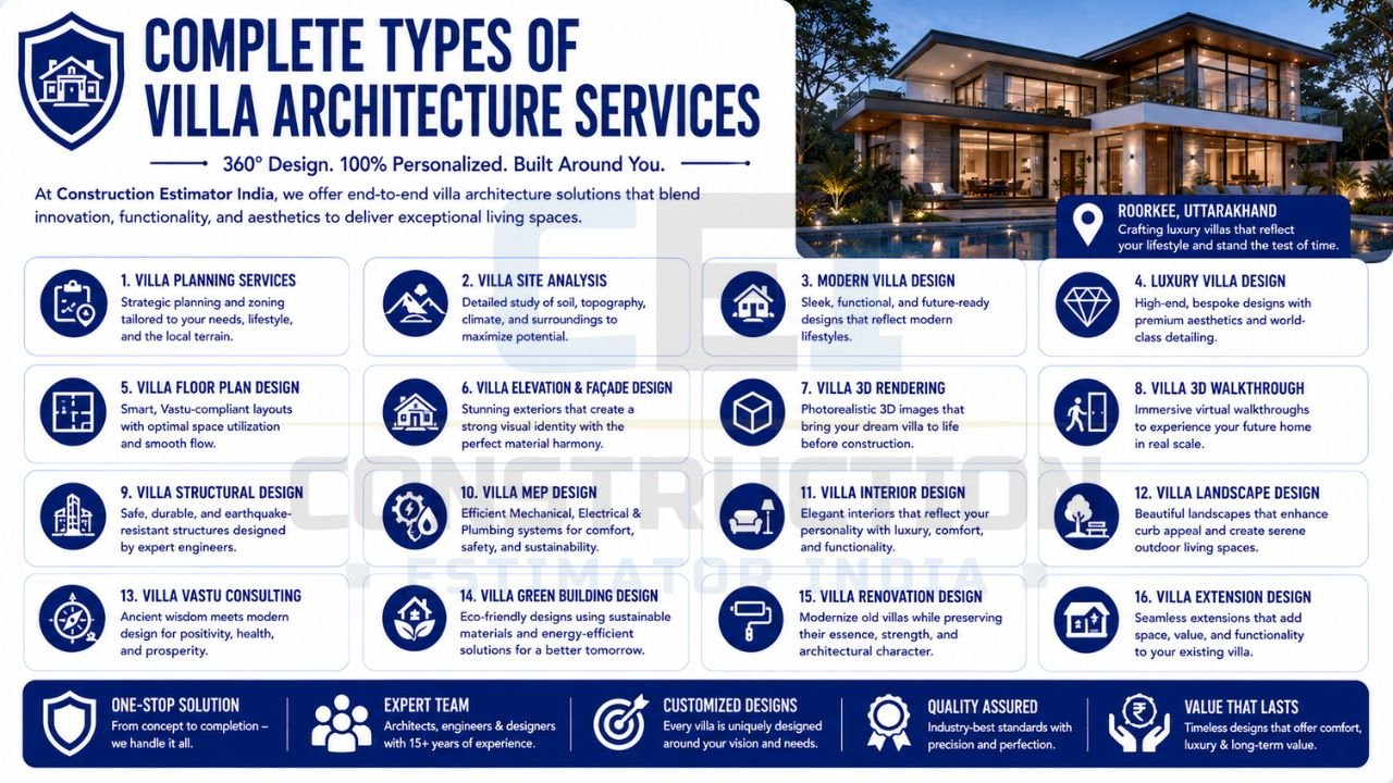 Infographic listing complete villa architecture services, including planning, site analysis, floor plans, elevations, structural design, interiors, landscaping, and renovation design.