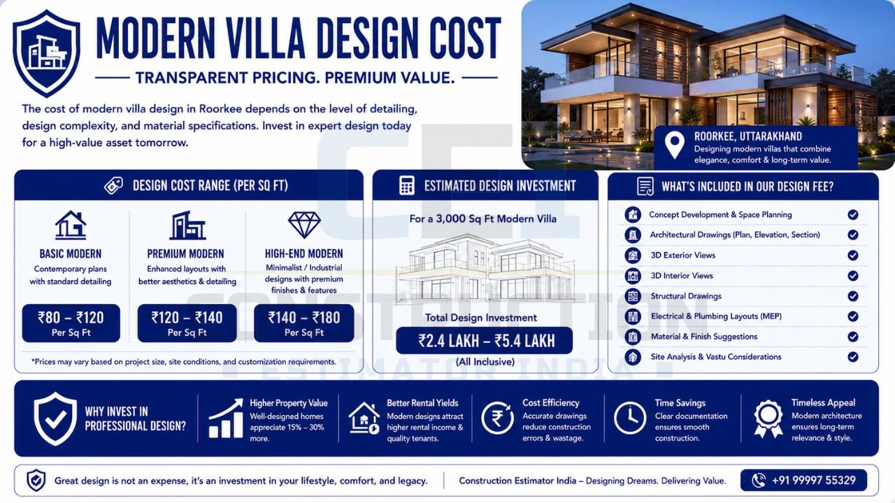 Infographic showing modern villa design costs in Roorkee, including pricing ranges, design packages, estimated investment, and included architectural services.
