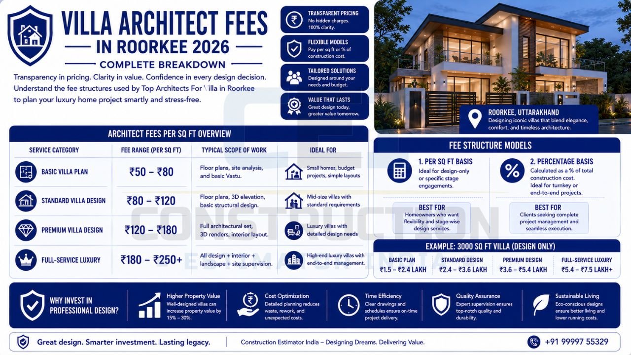 Infographic explaining villa architect fees in Roorkee with pricing models, per-square-foot charges, service categories, and estimated design costs.