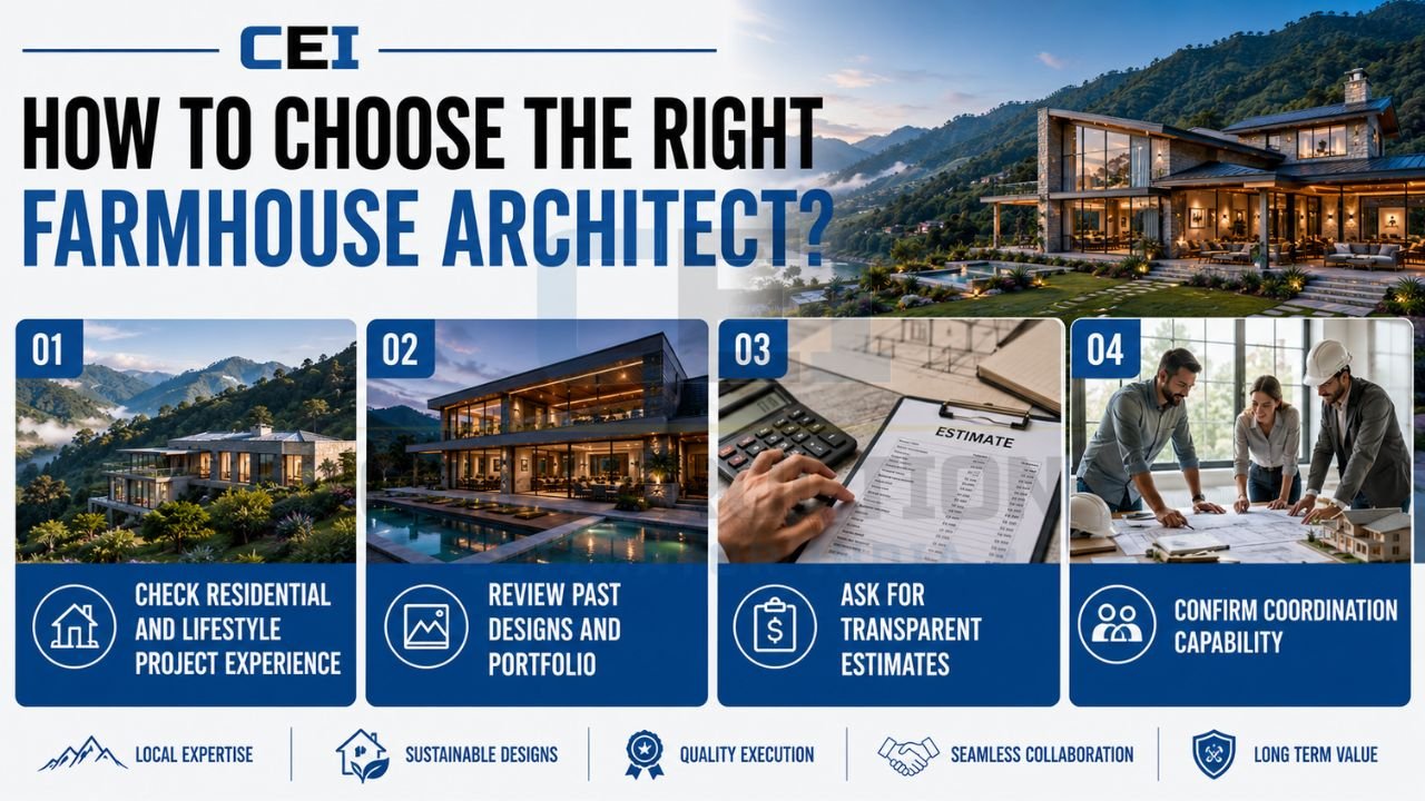 Guide for selecting a farmhouse architect based on project experience, design portfolio, transparent estimates, collaboration capabilities, and local expertise.