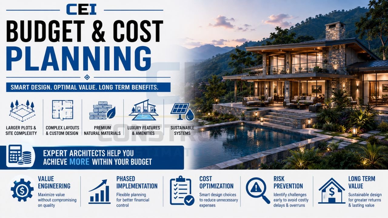 Luxury farmhouse cost planning infographic showing value engineering, cost optimization, phased implementation, sustainable systems, and long-term investment strategies.