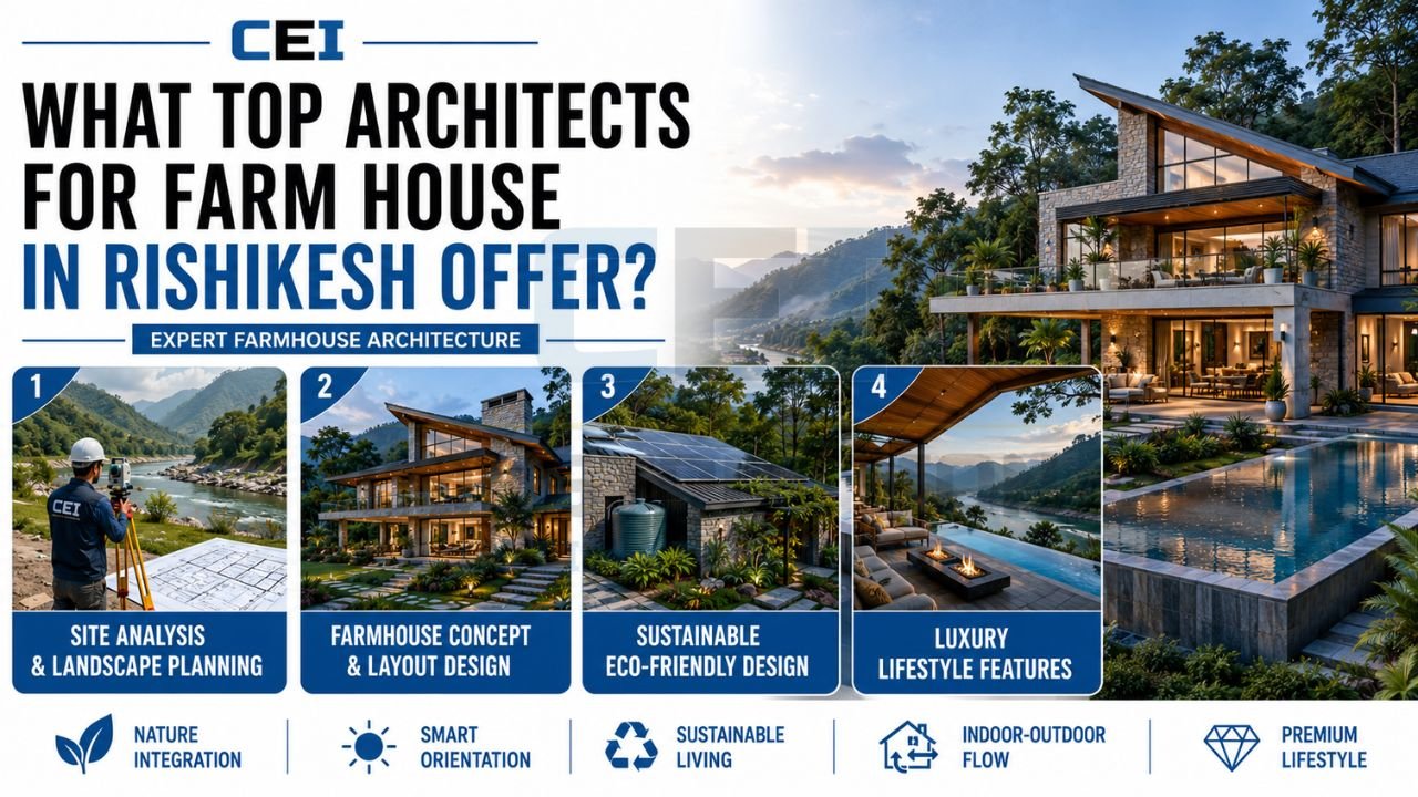 Farmhouse architectural services including site analysis, landscape planning, luxury layout design, eco-friendly architecture, and premium lifestyle features.
