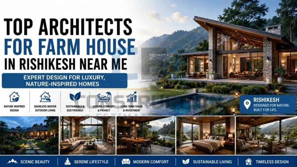 Modern luxury farmhouse in the scenic hills of Rishikesh featuring sustainable architecture, indoor-outdoor living spaces, premium interiors, and mountain views.