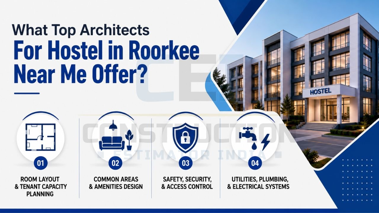 Hostel architecture services infographic showing room layout planning, amenities design, security systems, plumbing, and electrical planning.