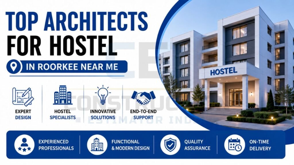 Professional hostel architecture services infographic featuring expert design, innovative solutions, quality assurance, and modern hostel development.