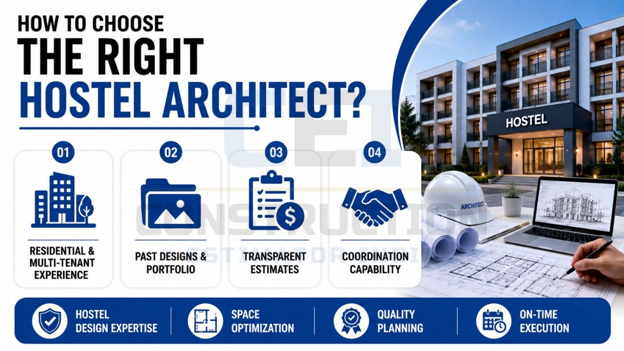 Hostel architect selection infographic highlighting experience, portfolio review, transparent estimates, and coordination capabilities.