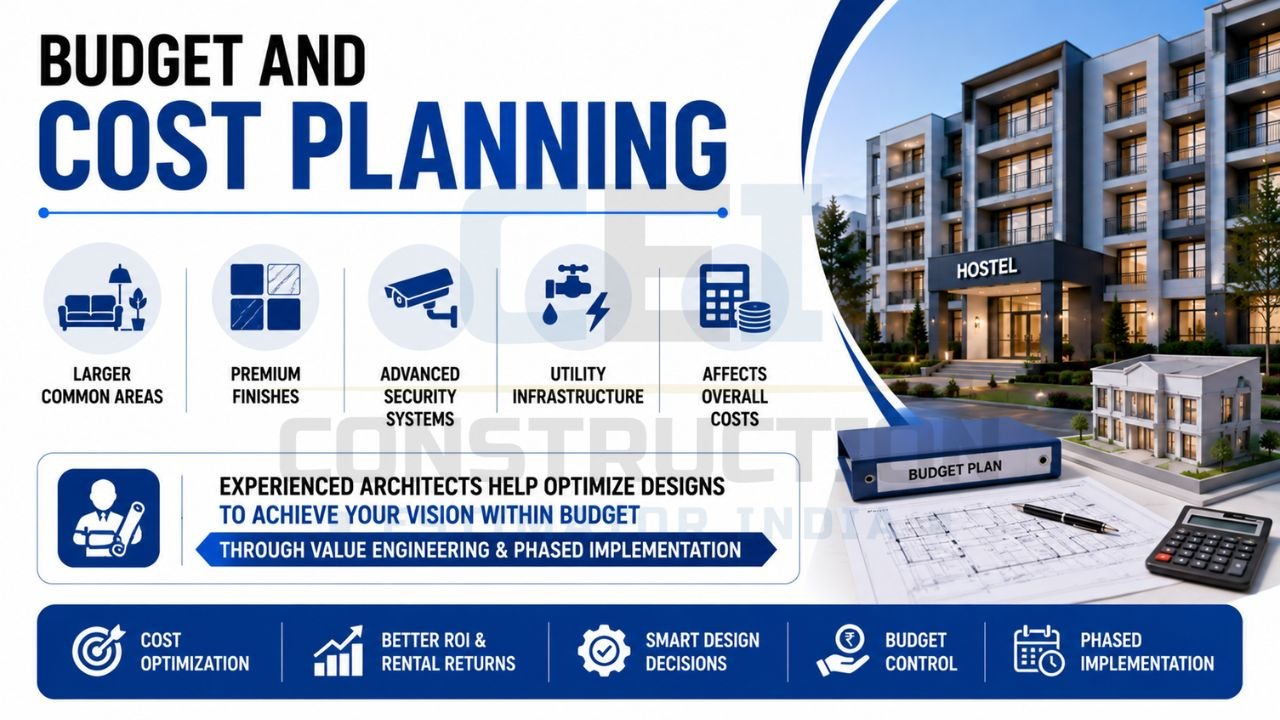 Hostel construction budget planning infographic covering common areas, premium finishes, security systems, utility infrastructure, and cost optimization.
