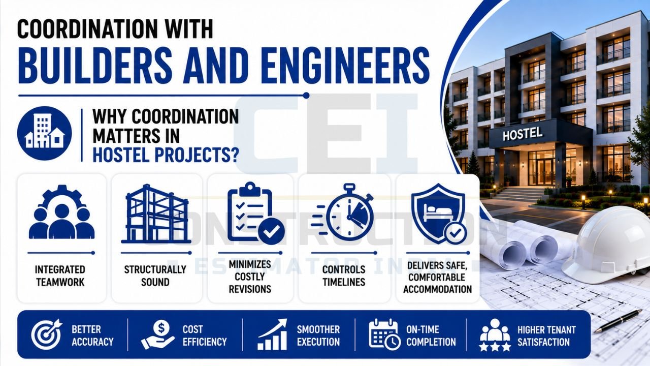 Hostel construction infographic showing coordination between builders and engineers for integrated teamwork, structural safety, timeline management, and tenant satisfaction.
