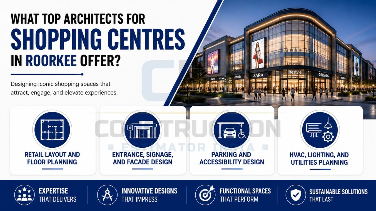 Shopping centre architectural services including retail layout planning, facade design, parking planning, accessibility design, HVAC, lighting, and utility planning.