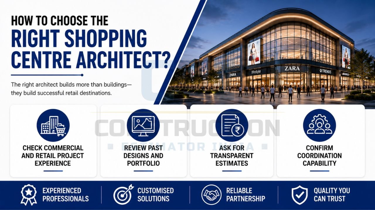 Guide showing key factors for selecting a shopping centre architect including project experience, portfolio review, cost estimates, and coordination capabilities.