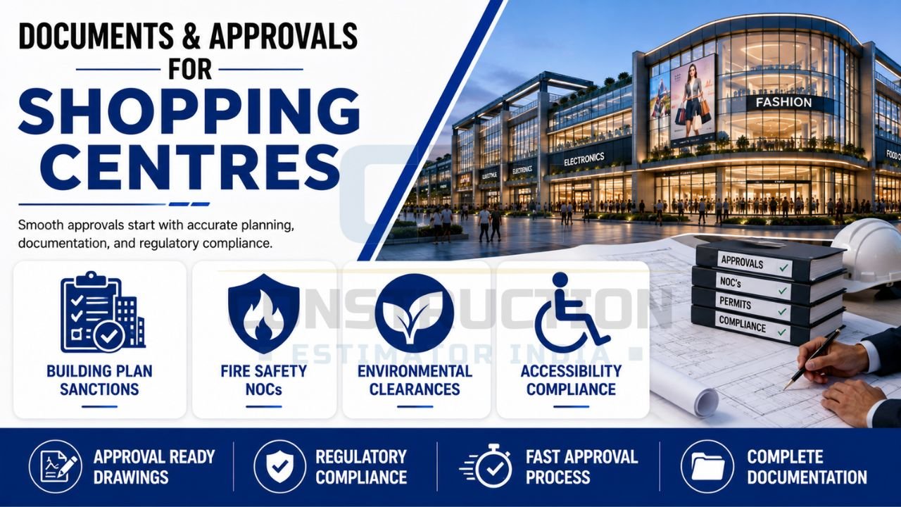 Documents and approvals required for shopping centre construction including building plan sanctions, fire safety NOCs, environmental clearances, and compliance requirements.