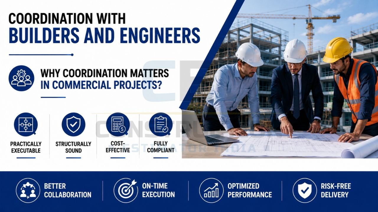 Architects, builders, and engineers collaborating on shopping centre construction plans to ensure structural safety, compliance, cost efficiency, and project success.
