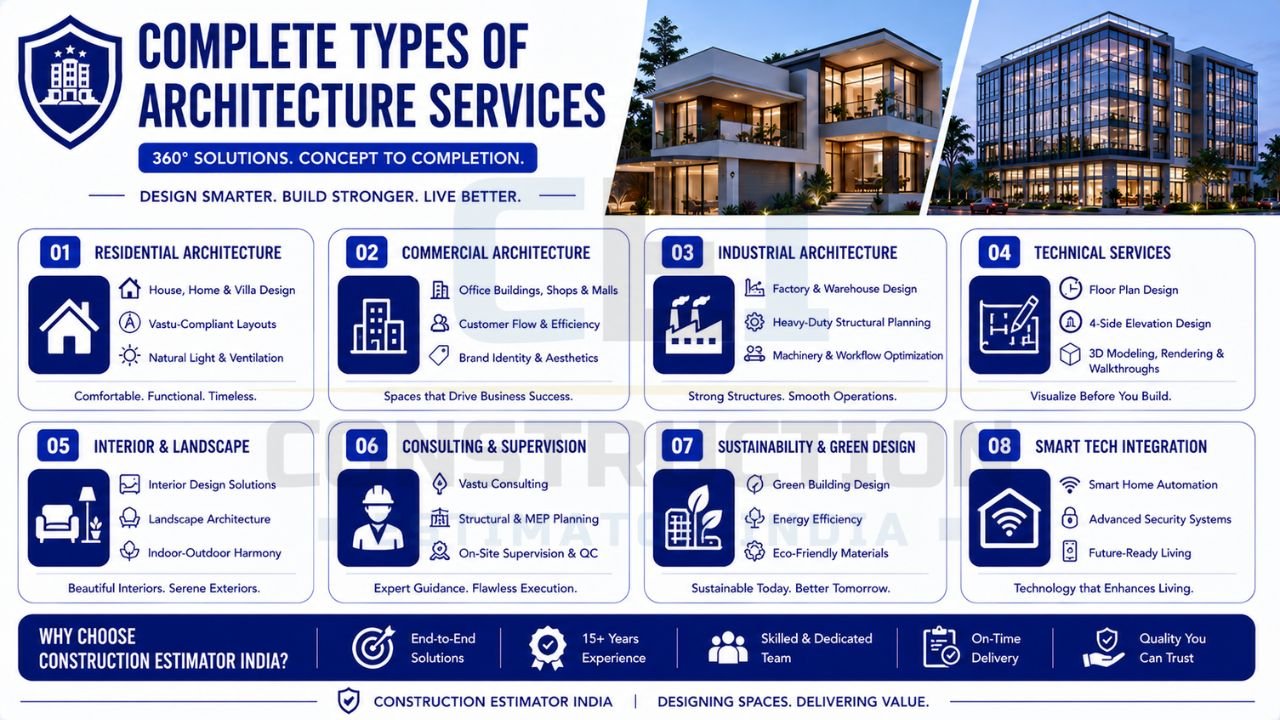 Infographic showcasing architecture services including residential design, commercial architecture, industrial design, interiors, supervision, sustainability, and smart home integration.