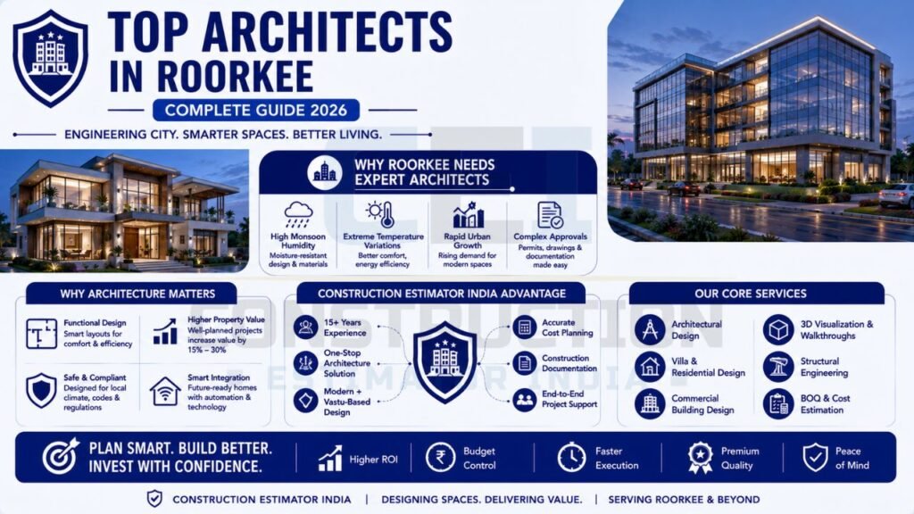 Infographic highlighting top architects in Roorkee, architectural services, residential and commercial design expertise, and benefits of professional architecture.