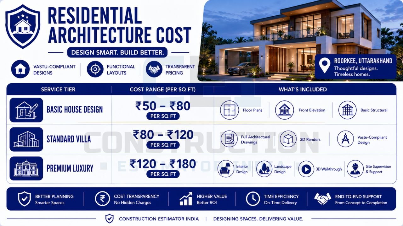 Infographic showing residential architecture costs for house design, villa design, and luxury home architecture with included services and pricing.