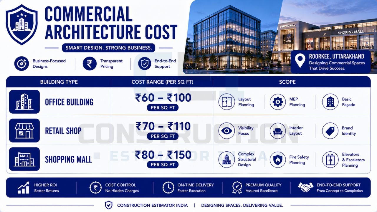 Infographic explaining commercial architecture costs for office buildings, retail shops, and shopping malls, including cost ranges and design scope.