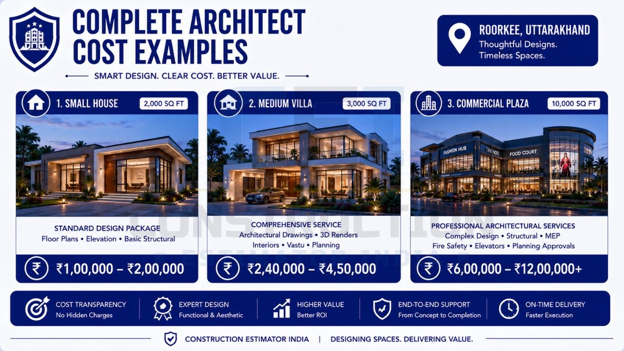 Infographic showing architect cost examples for small houses, villas, and commercial plazas with project sizes, included services, and estimated architectural fees.