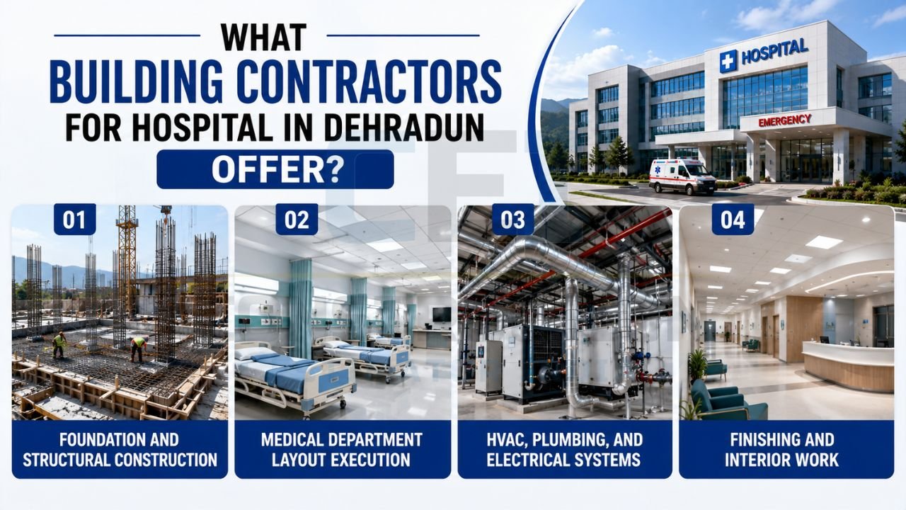 Hospital construction services infographic featuring structural construction, medical department layouts, HVAC systems, electrical work, and interior finishing.