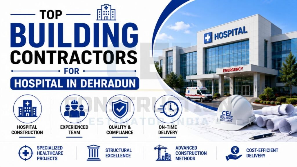 Professional hospital construction infographic highlighting experienced teams, quality compliance, structural excellence, and cost-efficient healthcare project delivery.