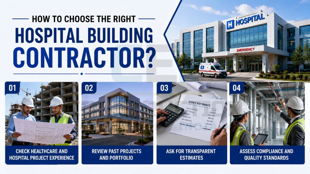 Hospital contractor selection infographic showing project experience, portfolio review, transparent estimates, and compliance with healthcare construction standards.