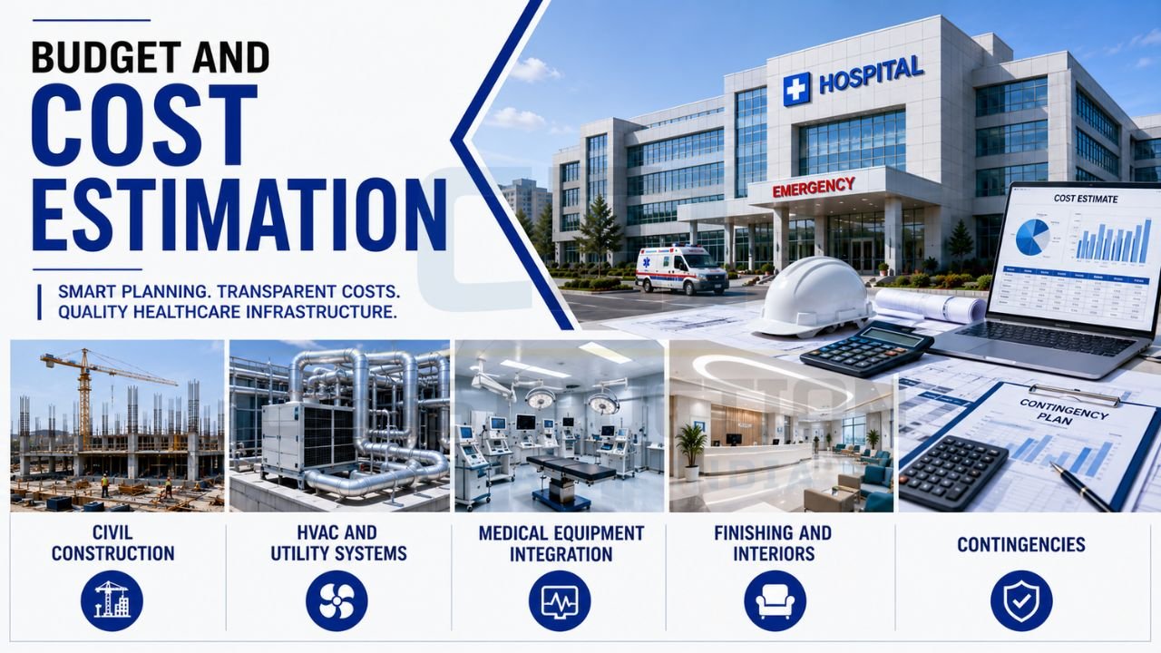Hospital construction cost estimation infographic covering civil construction, HVAC systems, medical equipment integration, interiors, and contingency planning.